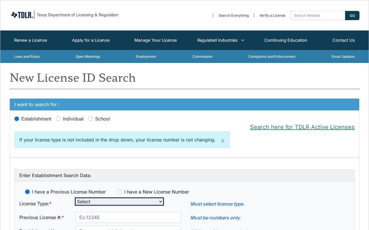 Baytown residents directory reference showing the Texas TDLR license search controls