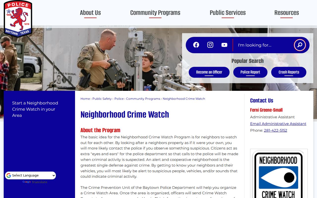 Baytown neighbors civic contact through the Baytown Neighborhood Crime Watch page