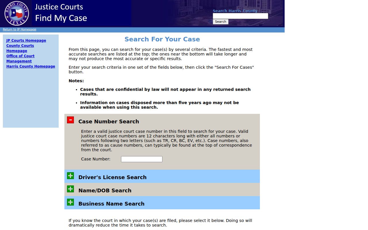 Baytown resident lookup with Harris JP court name and case search fields